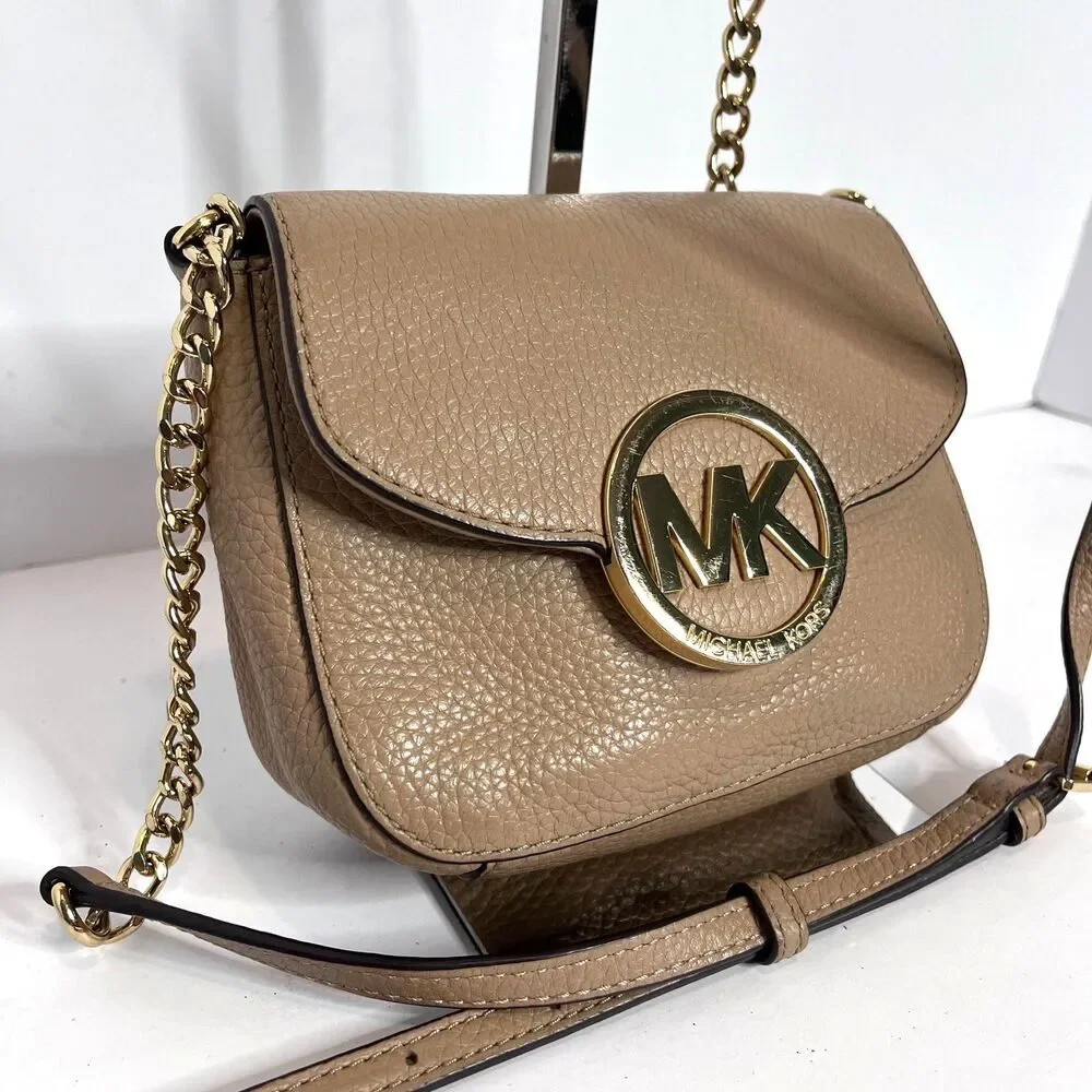 Michael Kors Small Fulton Tan & Gold Pebbled Leather Crossbody